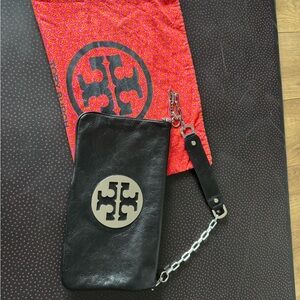 Tory Burch Black Wristlet with Silver Logo